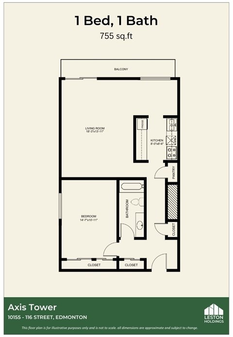 Floor plan for 1 bed, 1 bath, 745 sqft